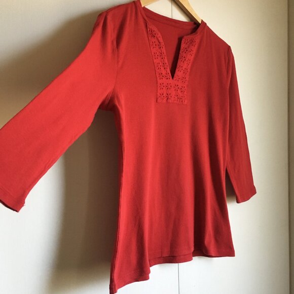 Ralph Lauren Red Eyelet Cotton Tunic Neck Shirt - Picture 5 of 16